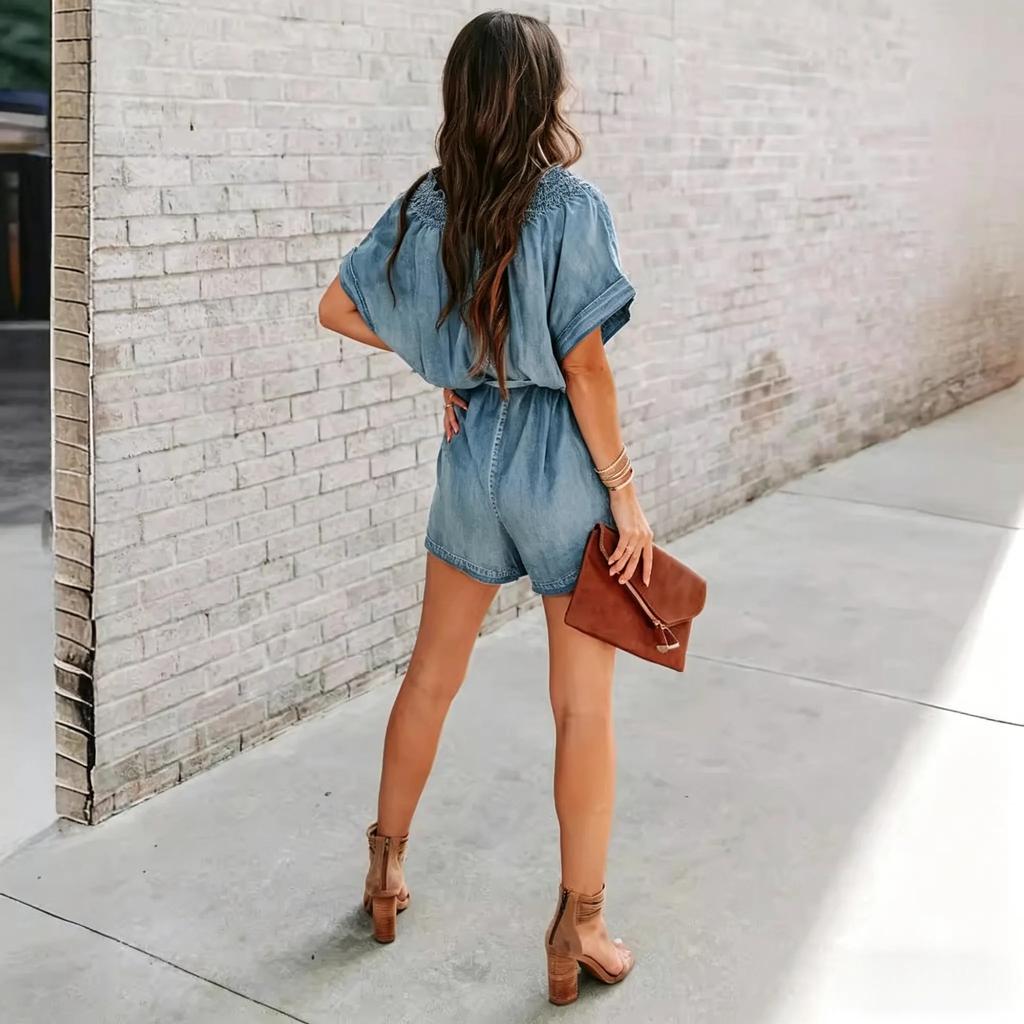 Женский винтажный джинсовый комбинезон, летний джинсовый комбинезон с рюшами и V-образным вырезом, широкими штанинами и поясом, с карманами