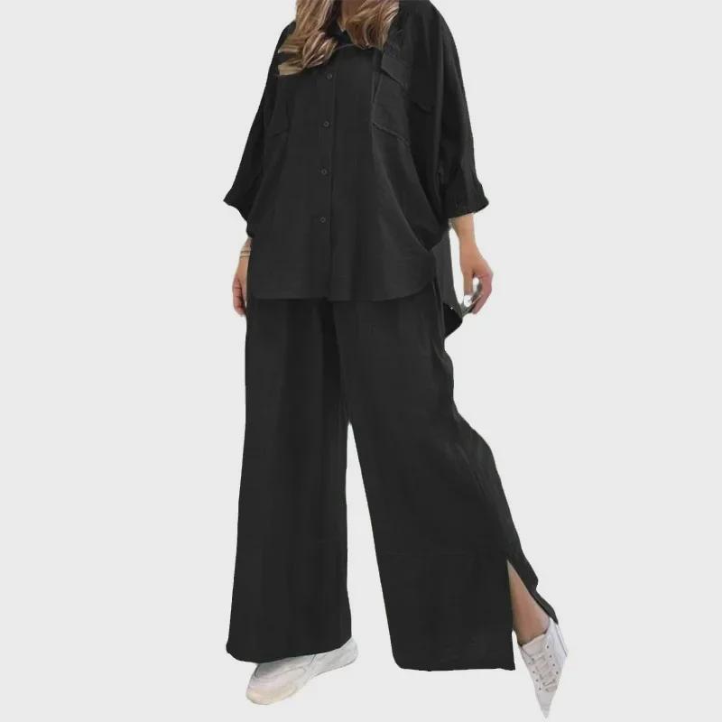2025 Women's Cotton-Linen Casual Two-Piece Set: Solid Color Long-Sleeve Shirt & Pants