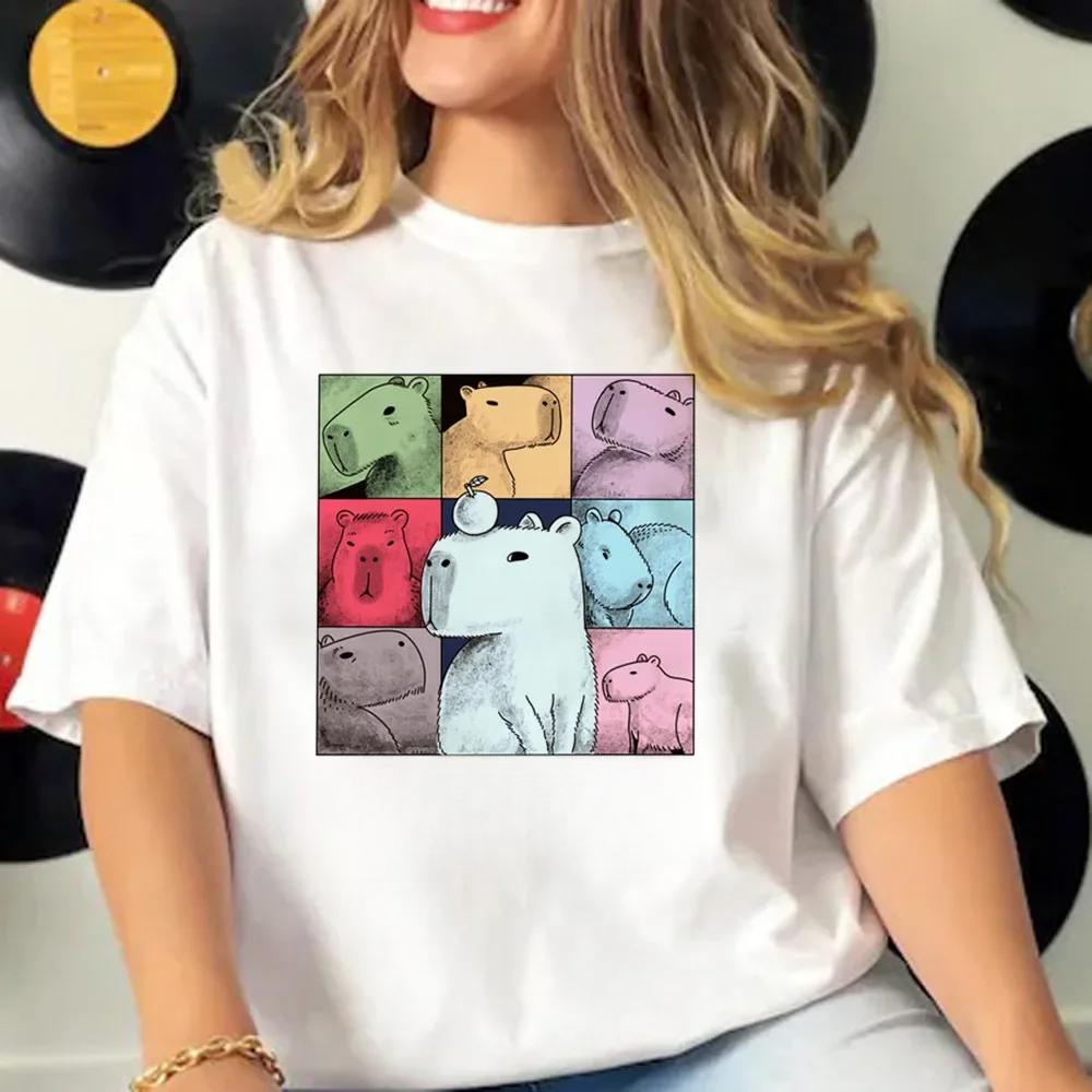 Летние футболки женские с коротким рукавом из чистого хлопка, модные, повседневные, с принтом мультяшной капибары и круглым вырезом