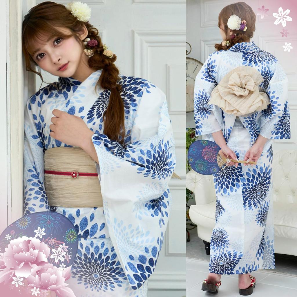 RAVIR Yukata Set with Large Blue Chrysanthemums On a White Fluffy Obi and Geta Sandals Size Fits Women's 3-Piece Background, Belt, (One All)