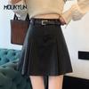 Юбки-плиссе из искусственной кожи абрикосового цвета, женские зимние шикарные юбки из искусственной кожи с поясом, корейская модная женская мини-юбка