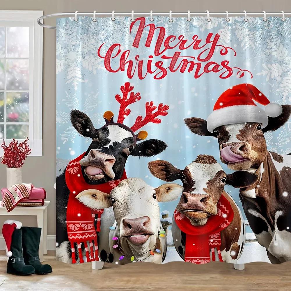 Merry Christmas Shower Curtain Winter Red Truck Snowman Reindeer Snow Farmhouse Shower Curtain Washable Polyester Bathroom Decor