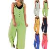 Women's Summer Button Large Pocket Tied Up Adjustable Solid Color Cotton And Hemp Jumpsuit