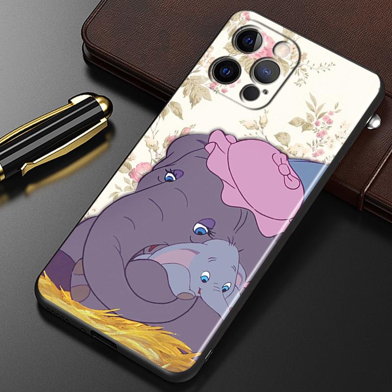 Cute Dumbo Cartoon For iPhone 15 14 13 12 11 XS XR X 8 7 SE Pro Max Plus Mini Black Cover Phone Case