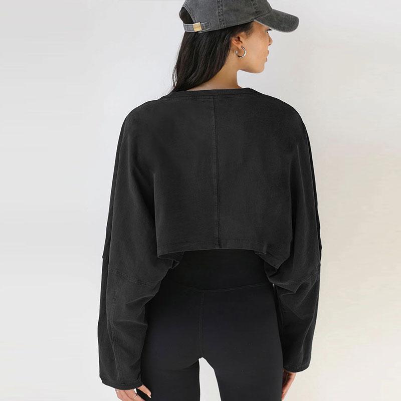 Свободный крой, круглый вырез, укороченный свитер, женская повседневная спортивная рубашка с длинным рукавом, осень-зима, однотонный короткий пуловер