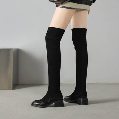 Корейская версия эластичная замша большой размер женские сапоги однотонные средний каблук круглый носок сапоги выше колена женские осенне-зимние рукав резина