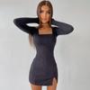 Ribbed Women Solid Long Sleeve Slit Mini Dress Square Collar Bodycon Sexy Streetwear Party Club Autumn Winter