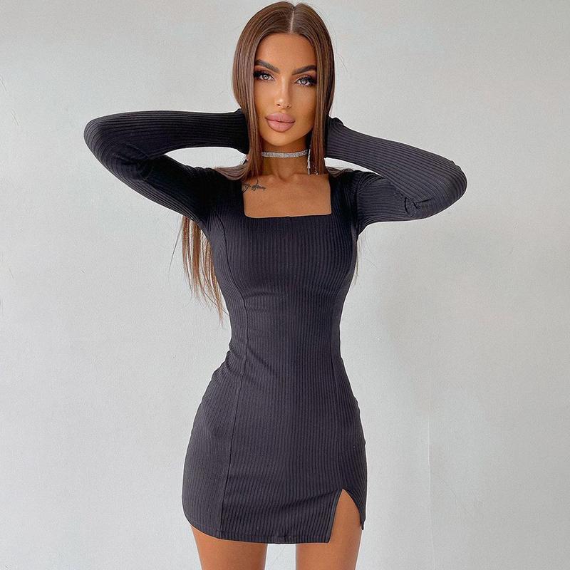 Ribbed Women Solid Long Sleeve Slit Mini Dress Square Collar Bodycon Sexy Streetwear Party Club Autumn Winter