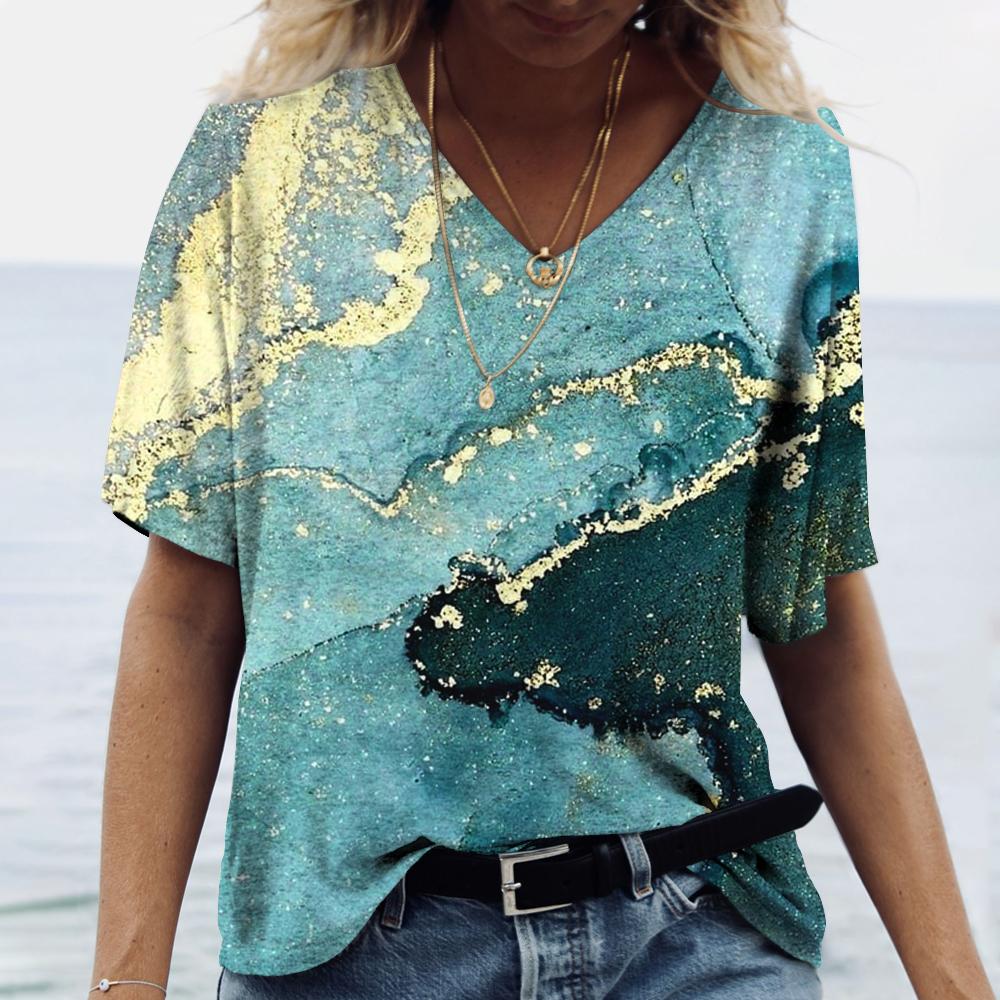 Летние женские футболки с 3D-принтом, градиентная футболка Harajuku, свободные футболки для женской одежды, новые топы с коротким рукавом и V-образным вырезом