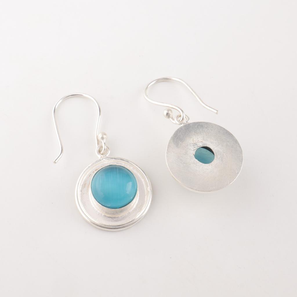 Blue Cat's Eye 925 Fine Silver Gemstone Jewelry Handmade Earrings 1.40" For Mom EE-4-48