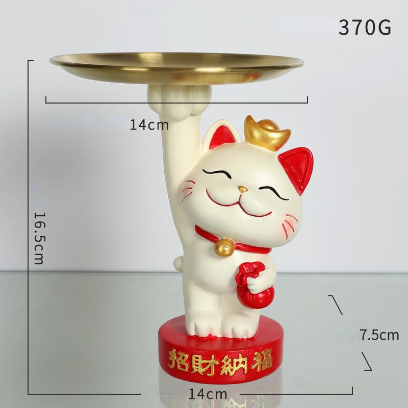 Lucky Cat Storage Tray Statue Resin Sculpture Sundries Candy Storage Box Fortune Cat Figurine Key Holder Living Room Home Decor