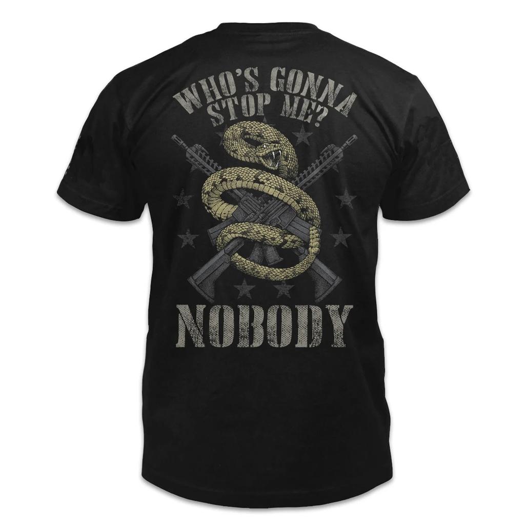 Who's Gonna Stop Me? Nobody! Rattlesnake Wrapped Around Criss Cross AR-15 Rifle Novel Printed T-Shirt. Premium Casual Cotton T