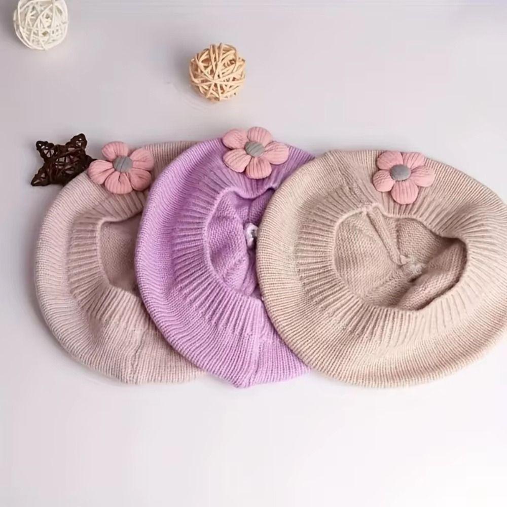 Korean Baby Beret Hat Flower Baby Knitted Hat New Artist Painter Caps For Infant Girls