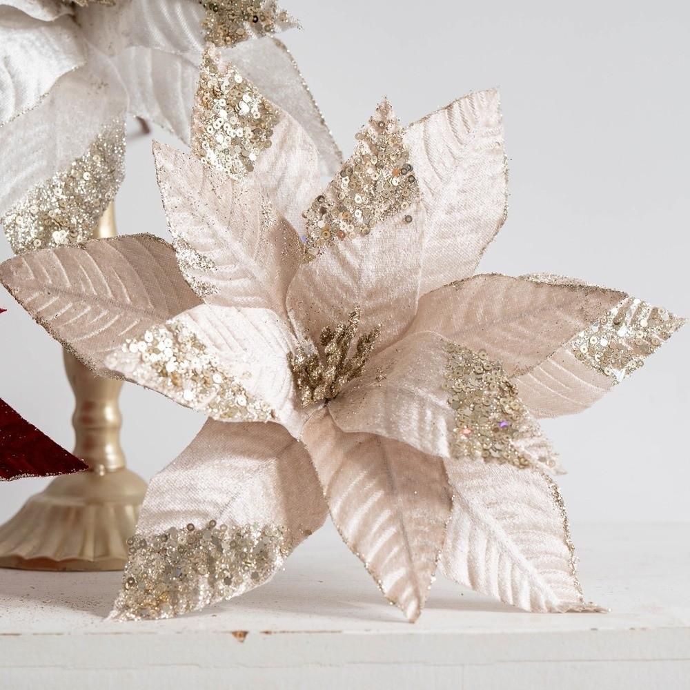 Sparkling Artificial Poinsettia Flower Velvet Fabric Xmas Floral Pick Accessory  Christmas Party