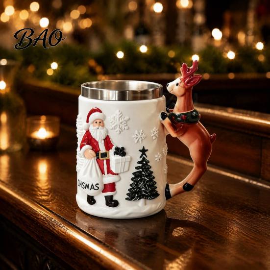 Christmas Coffee Mug Santa Claus with Reindeer Handle, 300ml 3D Resin Holiday Cup Embossed for Hot Cocoa, Winter Home Decor Unique Table Ornament