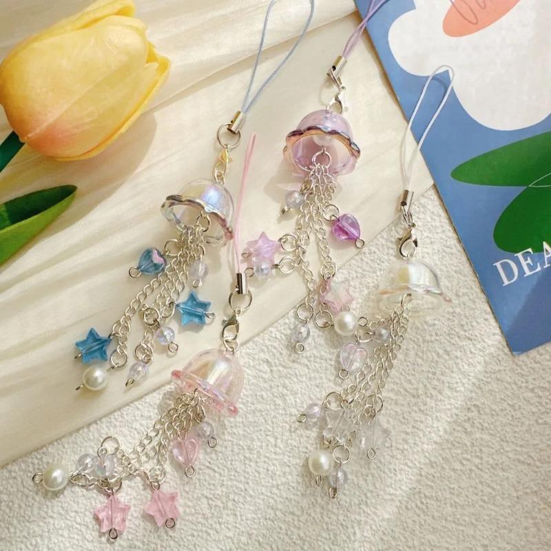 Jellyfish Mobile Phone Lanyard Aesthetic Tassel Phone Charm Keycord Stylish Girly Key Holder Pendant Mobile Phone Straps