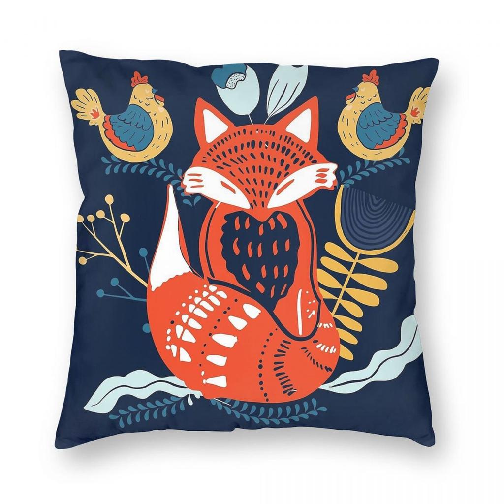 Scandinavian Fox Hens Floral Square Pillowcase Polyester Linen Velvet Printed Zip Decor Throw Pillow Case Car Cushion Cover