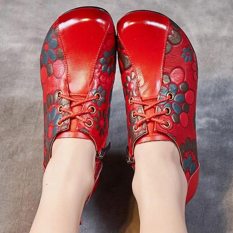 Johnature Женская обувь с принтом, туфли-лодочки из натуральной кожи в этническом стиле с круглым носком на толстом каблуке и мягкой подошвой