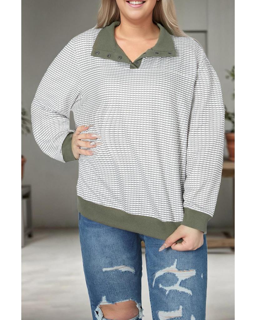 Azura Exchange Green Striped Contrasting Trim Plus Size Henley Pullover