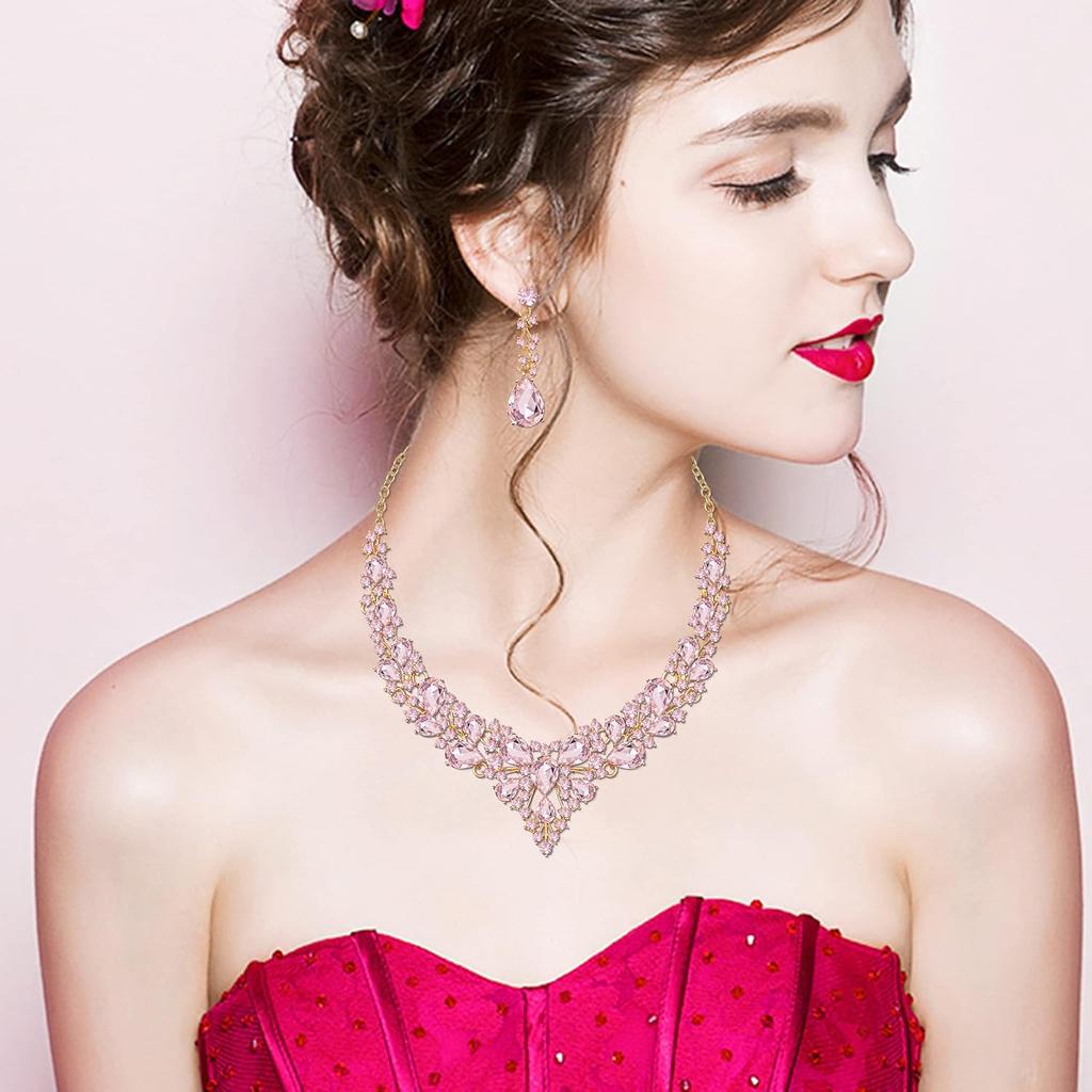 CSY Elegant Crystal Costume Jewelry Sets for Formal Events Gown Accessories | 4-Piece Set Bridal Necklace Earrings Bracelet Ring Set for Brides