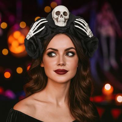 Имитация Цветов Череп Голова Повязка На Голову Преувеличенная Готическая Цветочная Повязка На Волосы Хэллоуин Обруч Для Волос Вечеринка