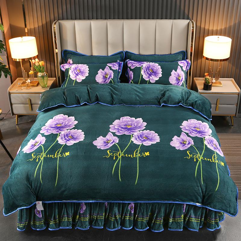 Комплект из 4 предметов плюшевого осенне-зимнего комплекта из утолщенного теплого флиса, простыни, пододеяльника с принтом, подзора для кровати, комплект для дома