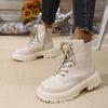 Warm Motorcycle Boots Women Lace-Up Plush Winter Ankle Boots Woman Black Beige Comfortable Flat Heel Cotton Boots