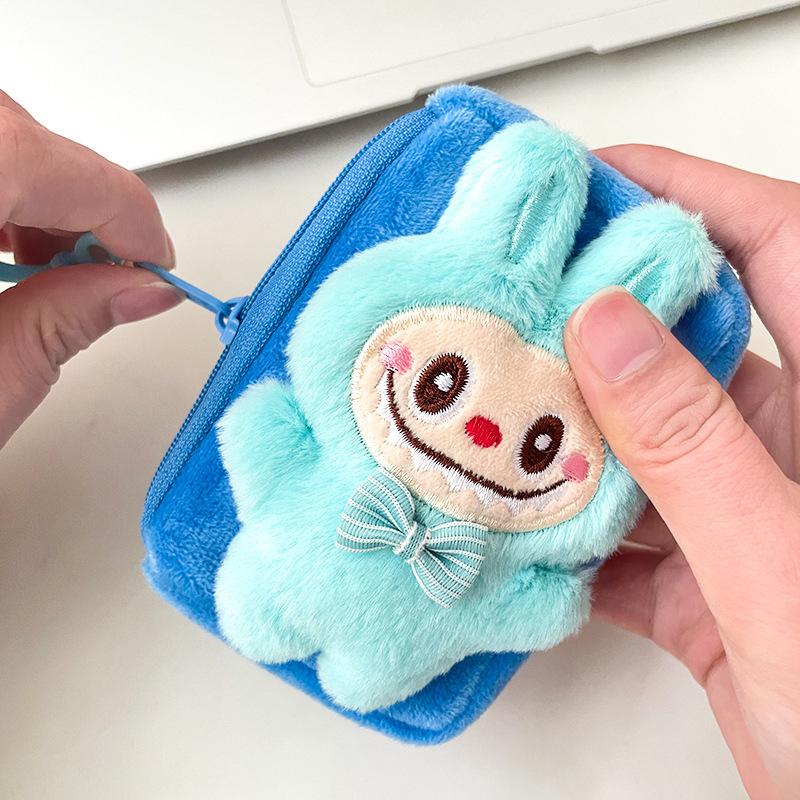 Cartoon Labubu Plush Coin Purse Cute Anime Money Change Pouch Earphone Storage Bag Zipper Wallet Keychain Pendant Kid Gifts