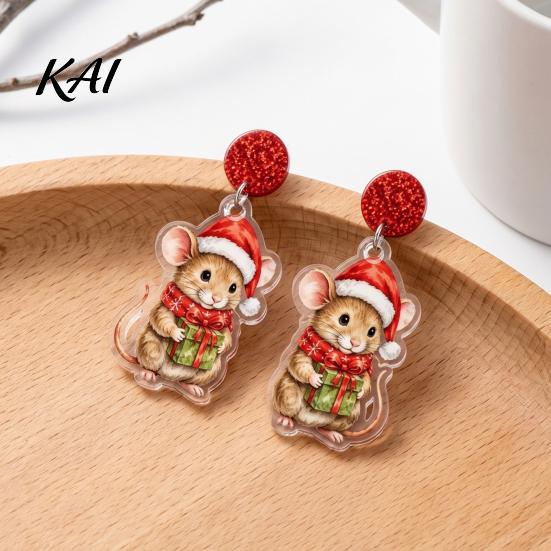Holiday Party Accessories 1 Pair Cute Christmas Mouse Acrylic Earrings, 2D Flat Cartoon Animal Dangle Fun Jewelry for Girls Drop Earrings Women,