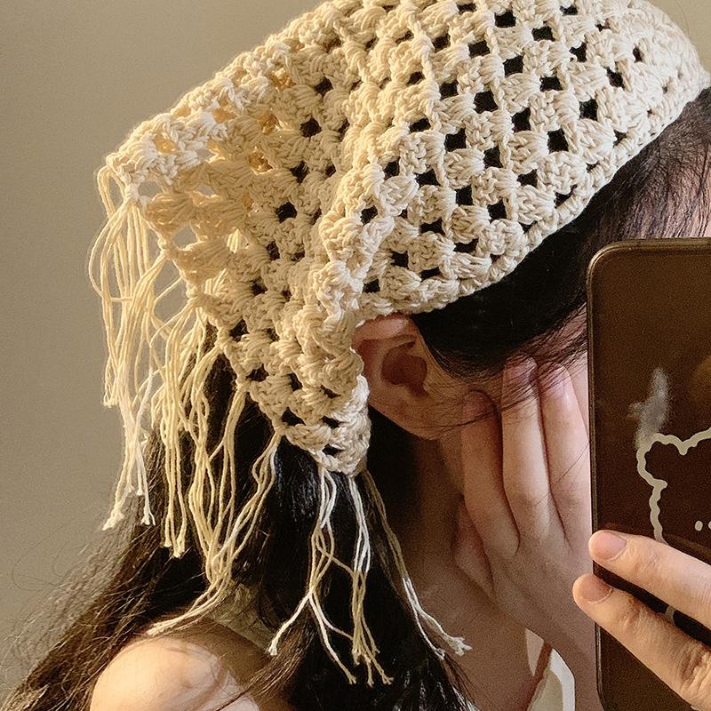 Ажурная треугольная косынка ручной вязки, богемный тюрбан, шарф для волос, многофункциональное использование, этнический стиль, пояс, декор