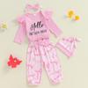 Baby Girl Fall 4 Pcs Outfit Letter Long Sleeve Romper with Bow Pattern Pants and Headband Hat Set