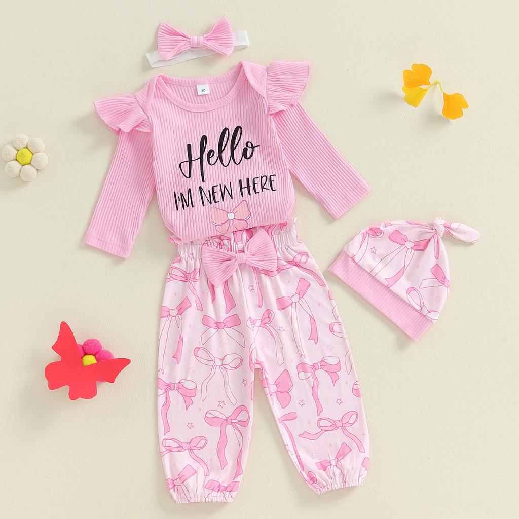 Baby Girl Fall 4 Pcs Outfit Letter Long Sleeve Romper with Bow Pattern Pants and Headband Hat Set