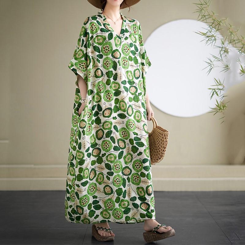 Новое хлопковое винтажное платье с цветочным принтом больших размеров с короткими рукавами для женщин, повседневное свободное длинное летнее платье макси