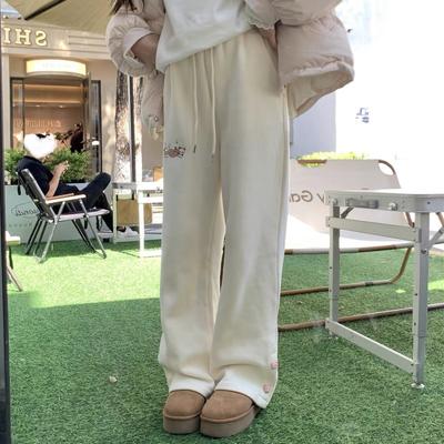 Флисовые брюки Kawaii Sweet Harajuku с высокой талией, широкие брюки для женщин, японская мода, вышивка медведя, свободные брюки, мягкие, для девочек