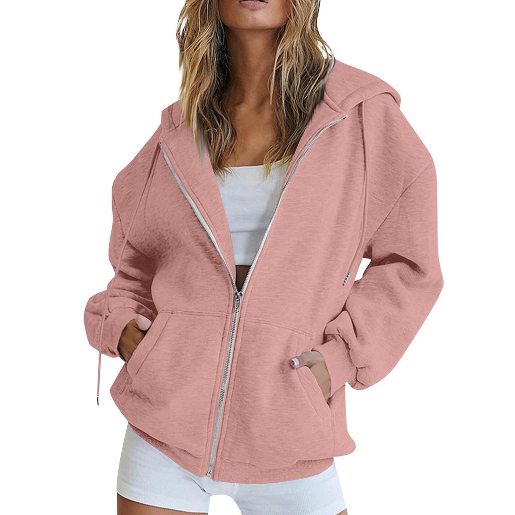 Women's Autumn Fashion Zipper Hoodie Long Sleeve Hooded Pullover Sweatshirt Casual Solid Color Tops With Pockets