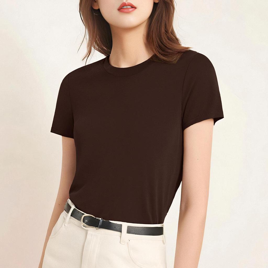 «Высококачественная европейская футболка Tencel Wool Slim Fit с коротким рукавом для женщин — новая летняя мода, круглый вырез, стиль класса люкс»