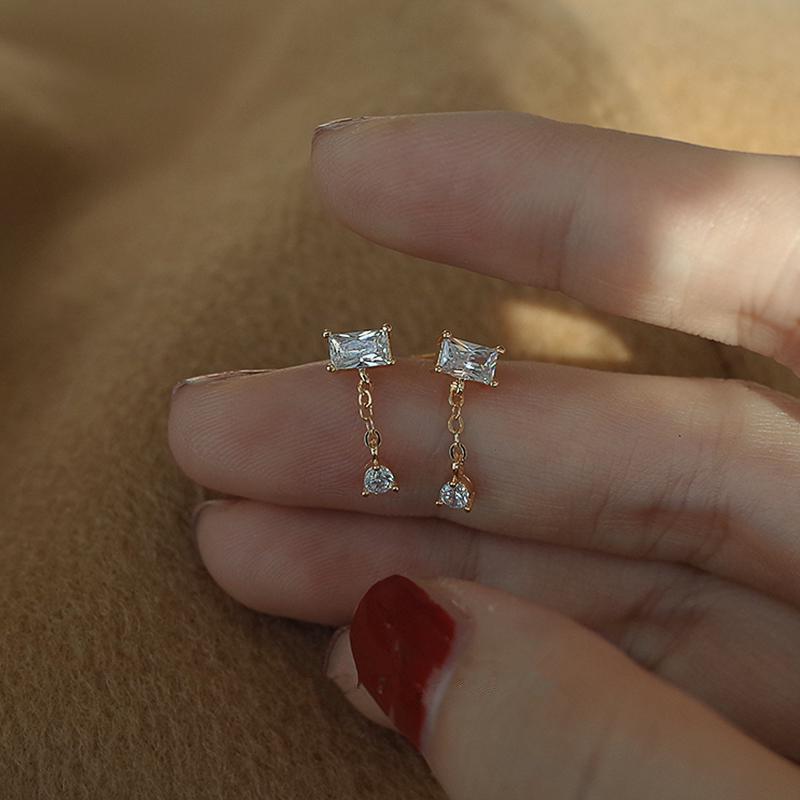 925 Sterling Silver Korean Simple Temperament Geometric Zircon Stud Earrings Women Plating 14k Gold Wedding Jewelry