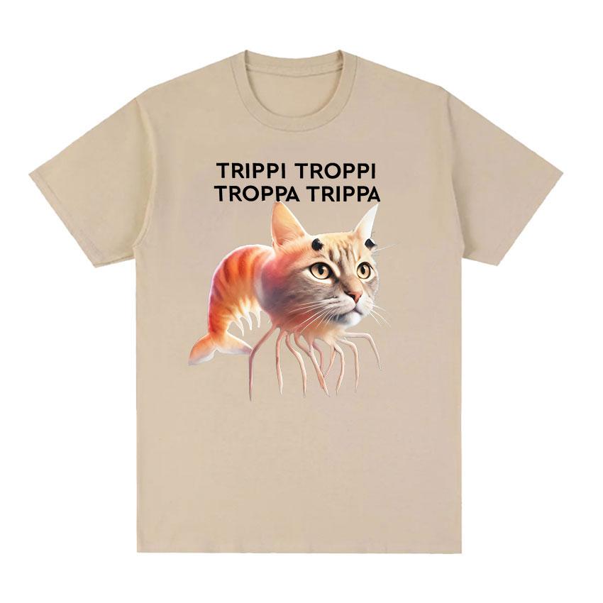 Летние футболки 2025 Trippi Troppi Кот Креветки Смешной Мем Итальянский Brainrot Юмор Футболки с коротким рукавом 100% Чистый Хлопок Печатная Футболка