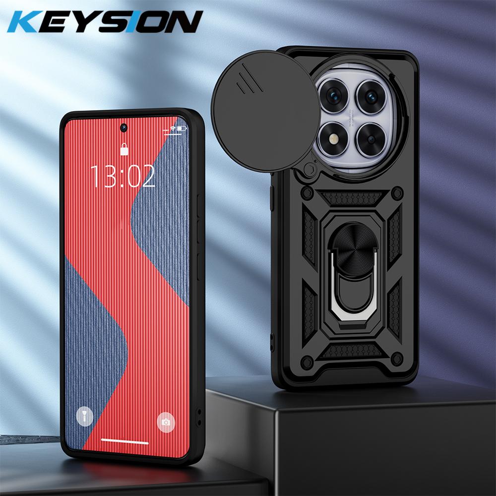 KEYSION Shockproof Case for Redmi Note 14 Pro + 5G 14 5G Slide Camera Protection Ring Stand Phone Back Cover for Xiaomi POCO X7