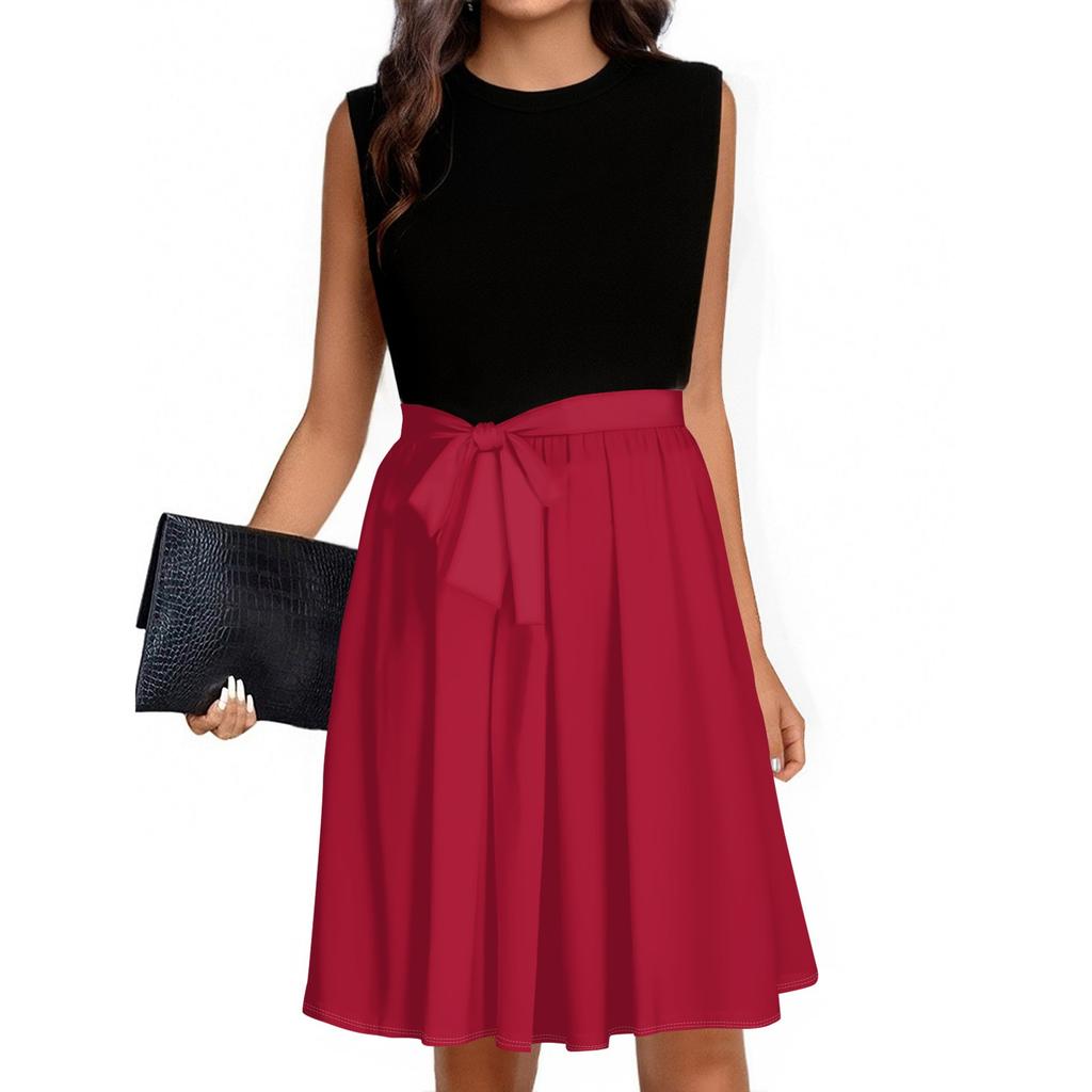 Women's Fashion Casual Lace-up Sleeveless Round Neck Splicing Short Dress