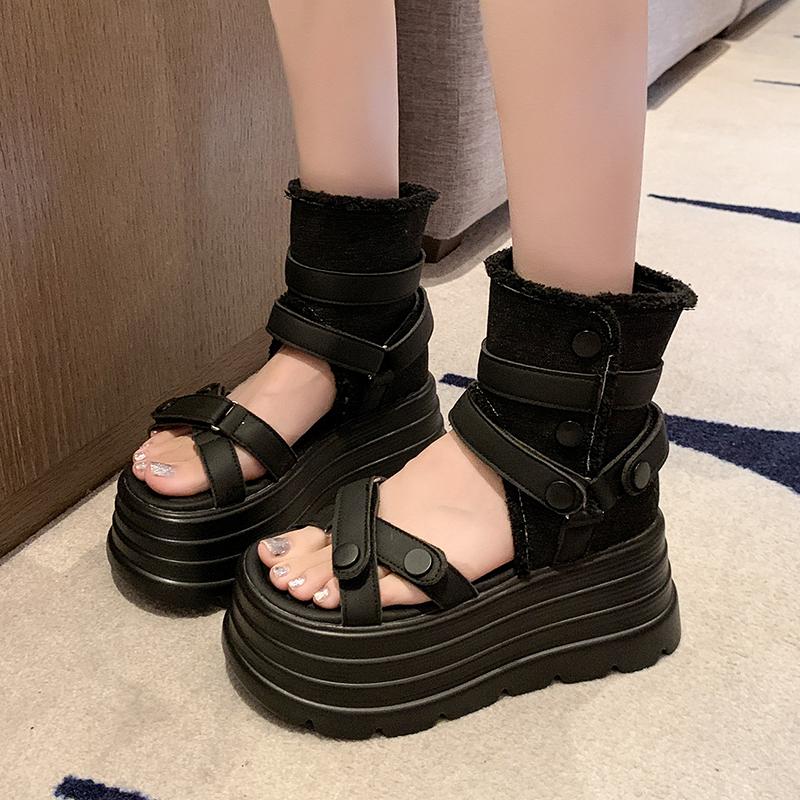 Мода 8см Женская Мода Сексуальные Римские Сандалии Лето Ультра Высокий Каблук Танкетка Платформа Обувь Открытый Носок Однотонные Сандалии Женские