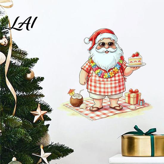 Festive Home Decor Christmas Picnic Santa Claus Wall Sticker Waterproof PVC Plaid Decal Mural Decals with Cake Design Removable Art for Holiday