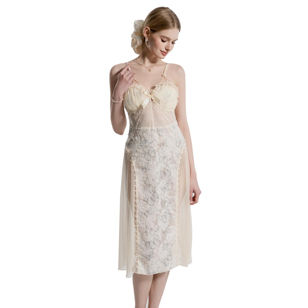 Women's Fluffy Trim Chiffon Mesh Butterfly Print Lace Padded Backless Cami Sleep Dress