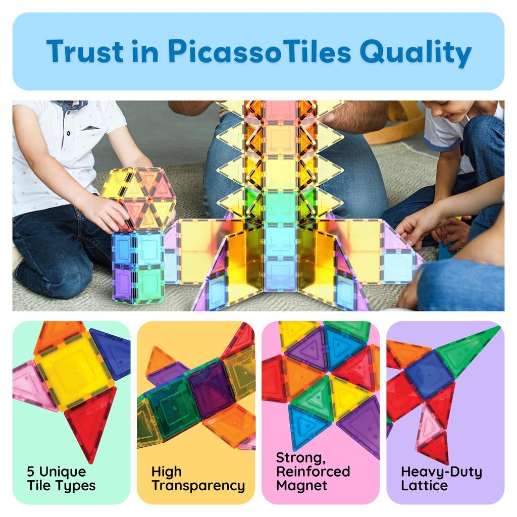 PicassoTiles 100 Piece Set 100pcs Magnet Building Tiles Clear Magnetic 3D Blocks Construction Playboards, Creativity Beyond Imagination, Inspirational