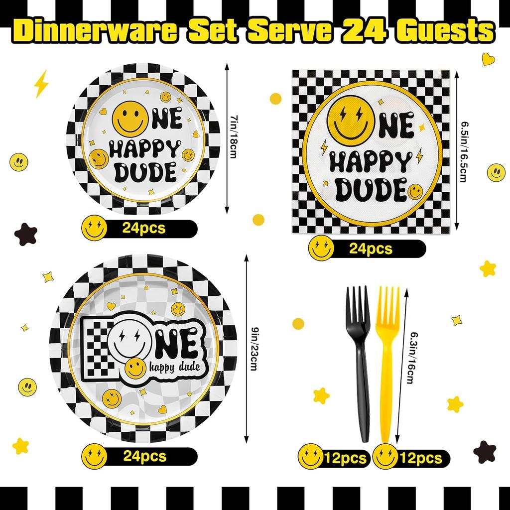 Umigy 96 Pcs One Happy Dude Birthday Party Decorations One Happy Dude Tableware Smile Face Party Supplies for 24 Guests Smile Plates Cups Napkins