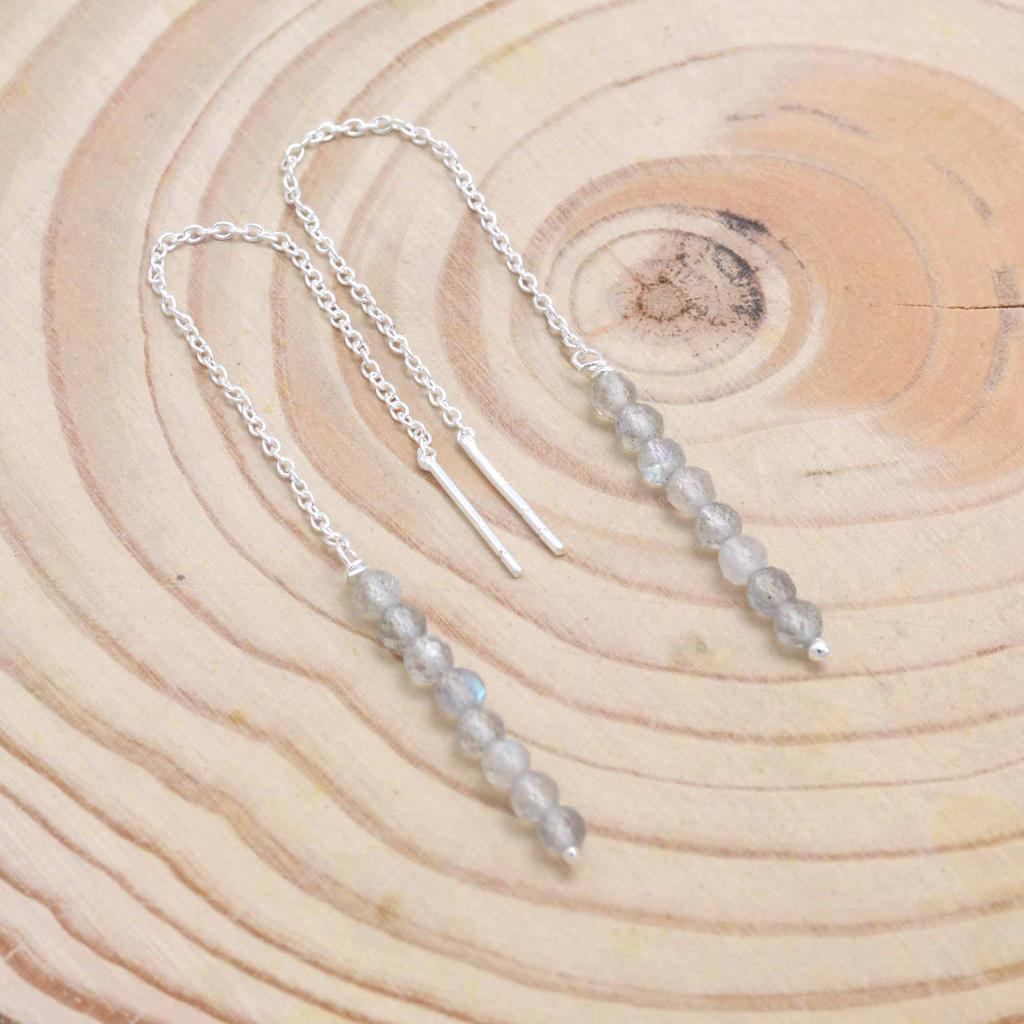 Labradorite 925 Silver Threader Earrings, Natural Gemstone Women Handmade Fringe Earrings