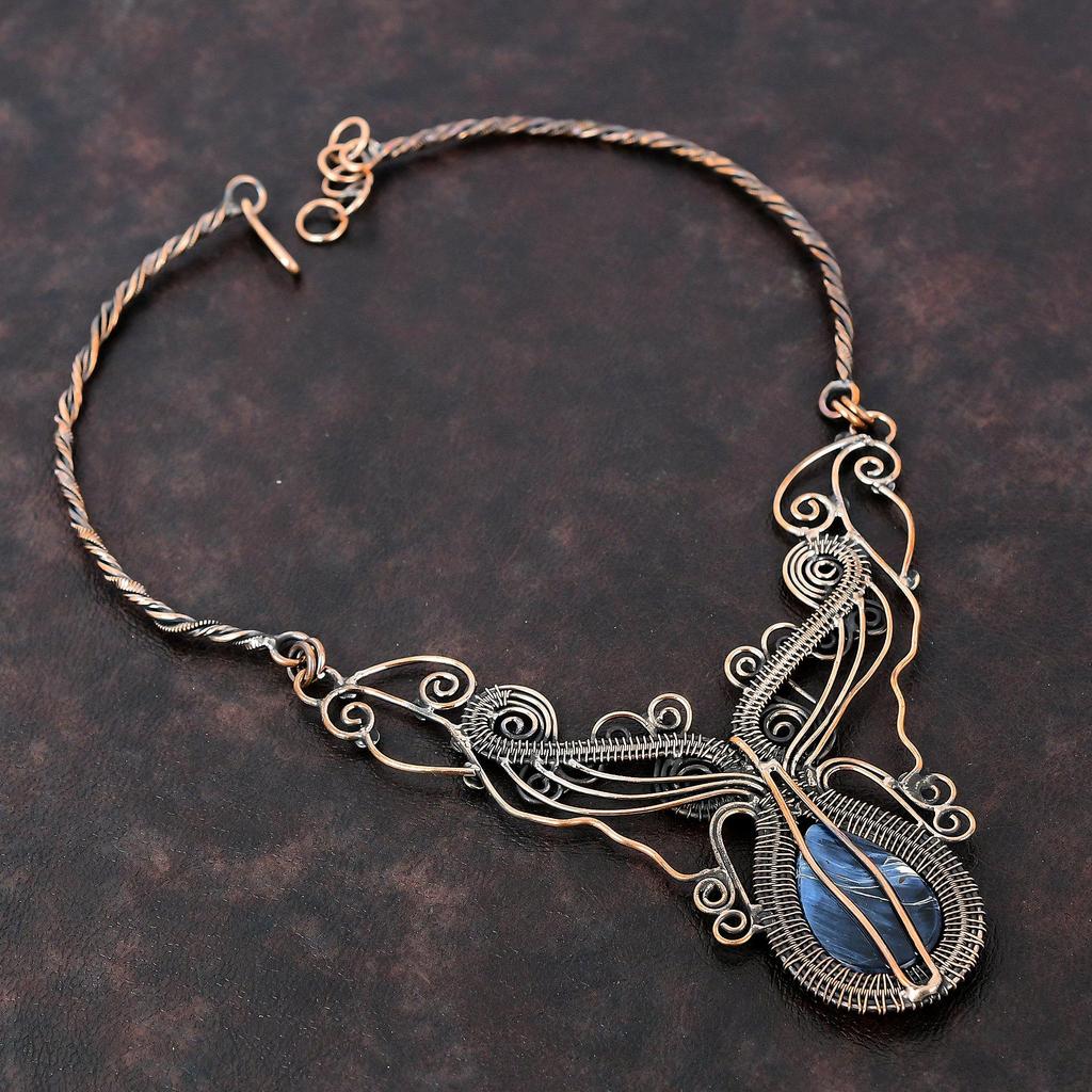 Ожерелье Pietersite, обернутое медной проволокой, ювелирное изделие, ожерелье из меди с драгоценными камнями, регулируемое ожерелье, ожерелье ручной работы, обернутое проволокой, подарок для невесты