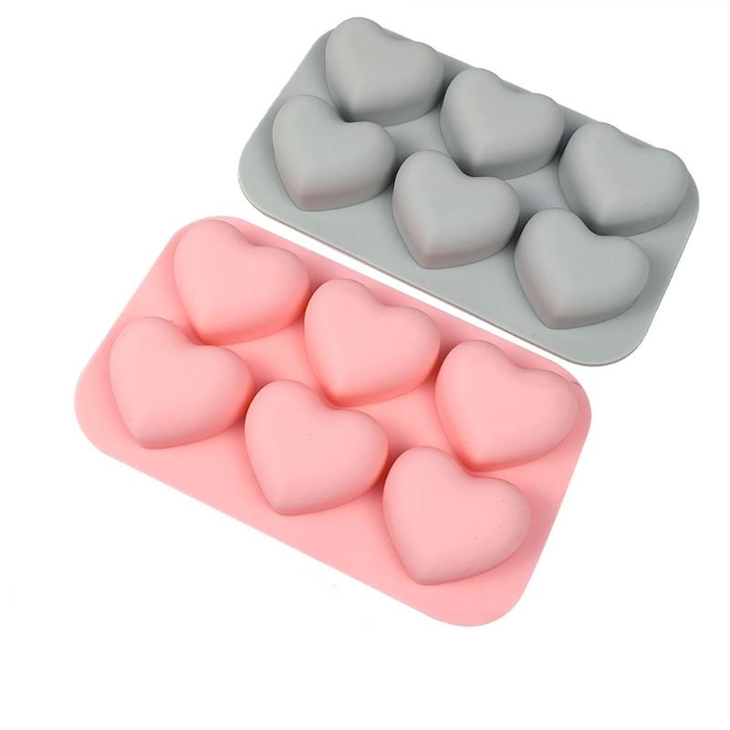 6-Cavity Valentine's Heart Silicone Mold for DIY Soap Making Heart Candy Mould Cake Bake Pan Chocolate Molds Ice Tray- Pink & Gray