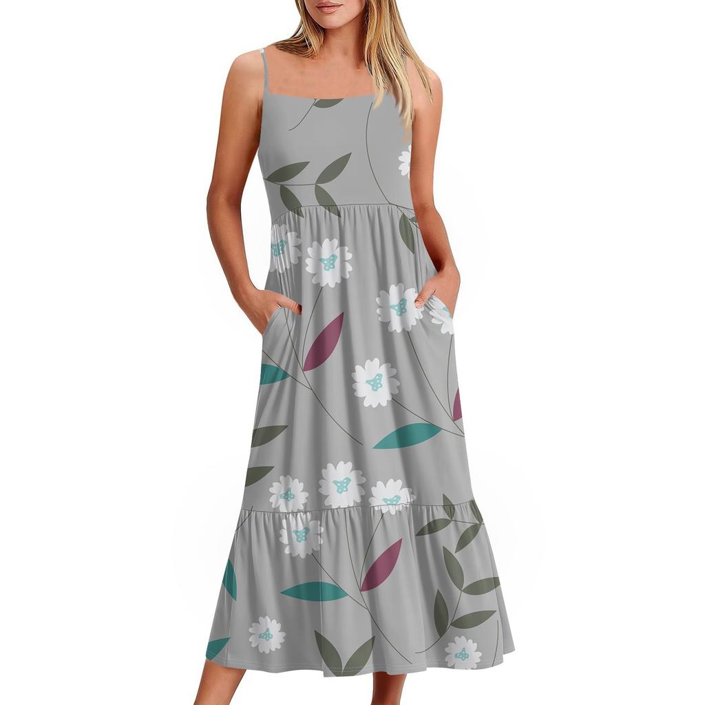 Women's Long Beach Casual Elegant Spaghetti Strap Maxi Dress Floral Low-key Flowing Bohemian Dress