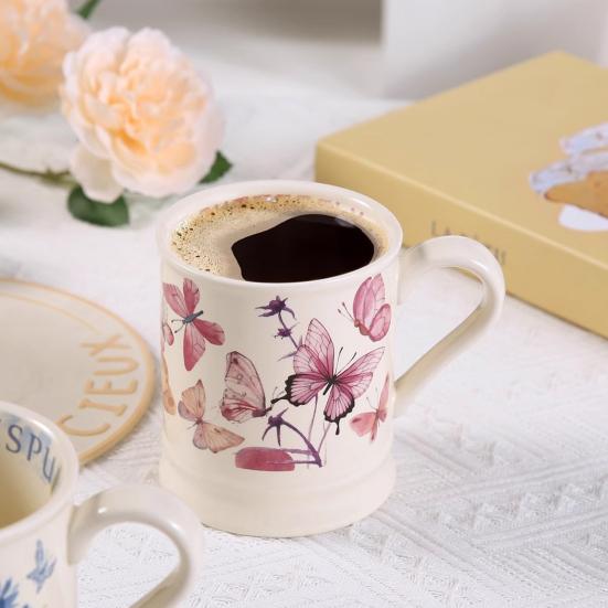 380ML Ceramic Coffee Mug Retro Vintage Floral Drinking Mugs Hand-Painted Floral Butterfly Pattern Tea Cup with Handle Gift for Women Girls